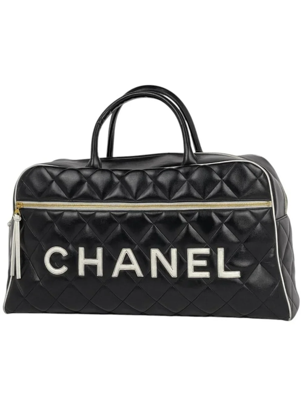 Chanel Boston Bag Quilted Leather Black White
